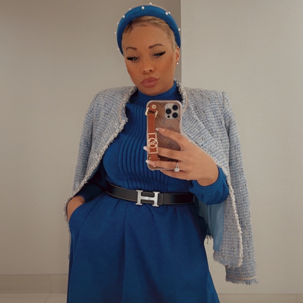 Blue Tweed Open-Front Blazer Jacket